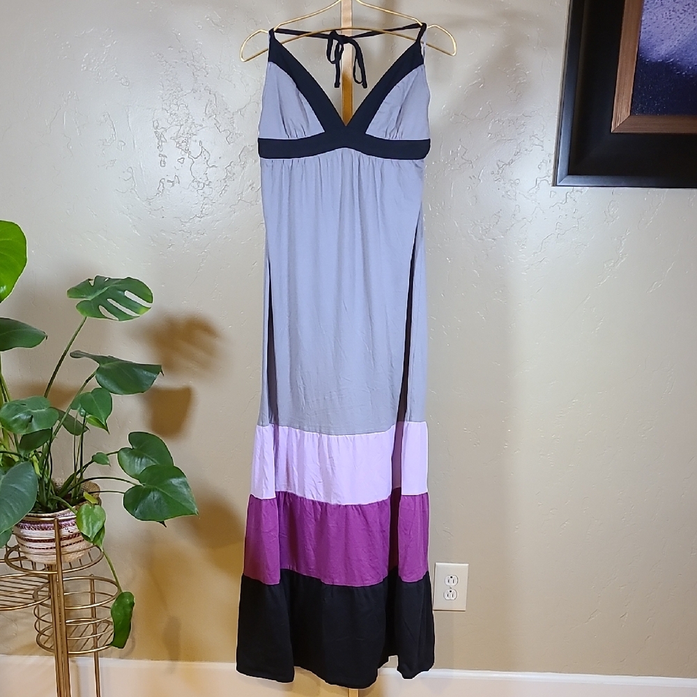 Roxy 2009 Gray Purple Black Lavender Tiered Halter Tie Maxi Sundress‎ XL